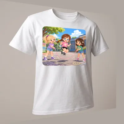 Kawaii design of three cartoon girls joyfully skipping rope with colorful text. — printed on a unisex t-shirt (angled view)
