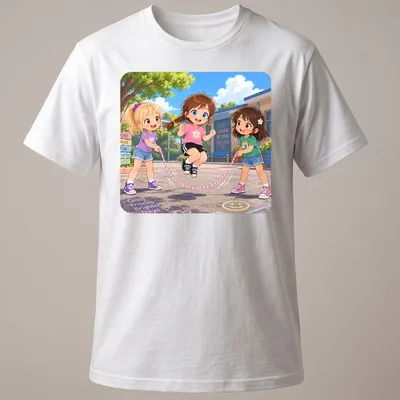 Kawaii design of three cartoon girls joyfully skipping rope with colorful text.