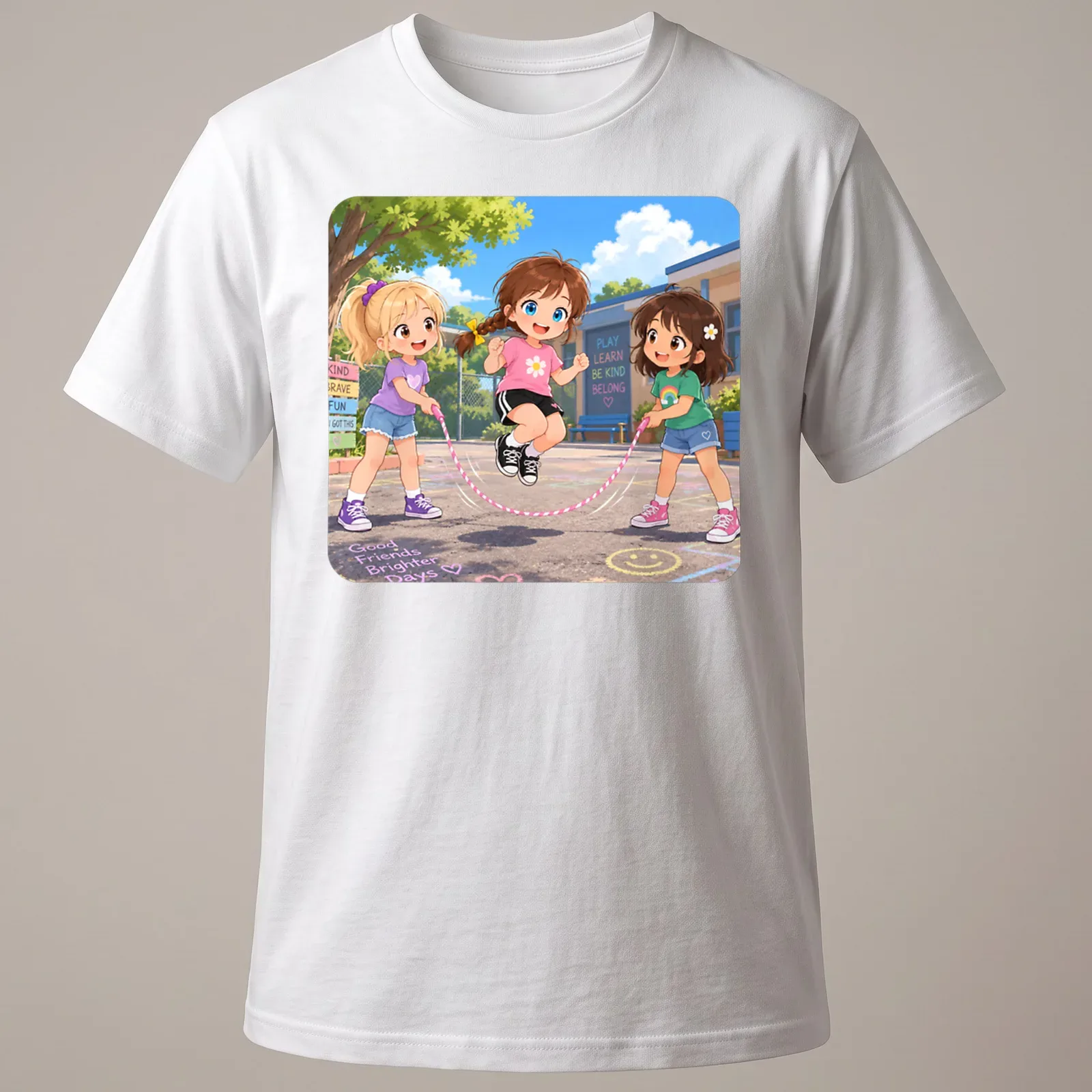 Kawaii design of three cartoon girls joyfully skipping rope with colorful text. — printed on a unisex t-shirt