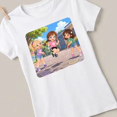 Kawaii design of three cartoon girls joyfully skipping rope with colorful text. — printed on a women's shirt