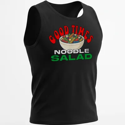 Colorful cartoon design of a noodle salad bowl with fun text — printed on a tank top