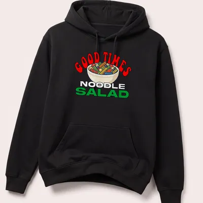 Colorful cartoon design of a noodle salad bowl with fun text — printed on a unisex hoodie
