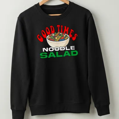 Colorful cartoon design of a noodle salad bowl with fun text — printed on a unisex sweatshirt