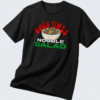 Colorful cartoon design of a noodle salad bowl with fun text