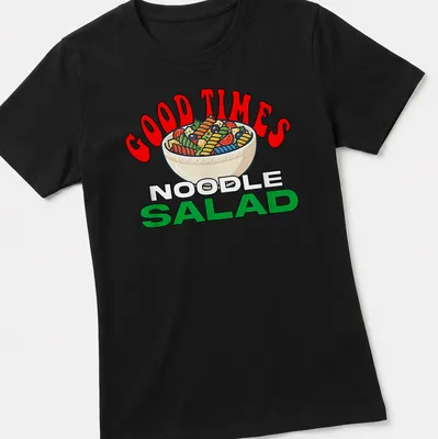 Colorful cartoon design of a noodle salad bowl with fun text — printed on a women's shirt