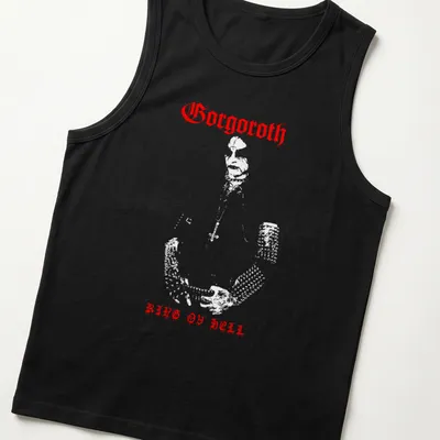Bold red silhouette of Gorgoroth's King Ov Hell logo on a — printed on a tank top