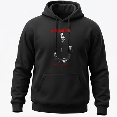 Bold red silhouette of Gorgoroth's King Ov Hell logo on a — printed on a unisex hoodie