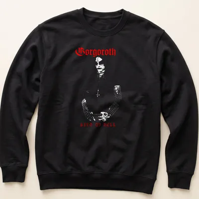 Bold red silhouette of Gorgoroth's King Ov Hell logo on a — printed on a unisex sweatshirt