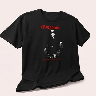 Bold red silhouette of Gorgoroth's King Ov Hell logo on a — printed on a unisex t-shirt (angled view)
