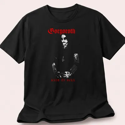 Bold red silhouette of Gorgoroth's King Ov Hell logo on a T-shirt