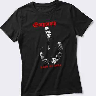Bold red silhouette of Gorgoroth's King Ov Hell logo on a — printed on a women's shirt