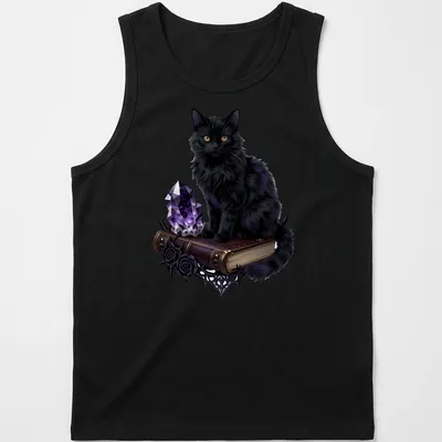Realistic black cat with amethyst geode and spellbook design — printed on a tank top