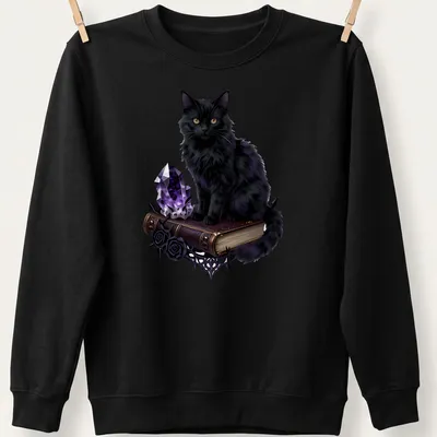 Realistic black cat with amethyst geode and spellbook design — printed on a unisex sweatshirt