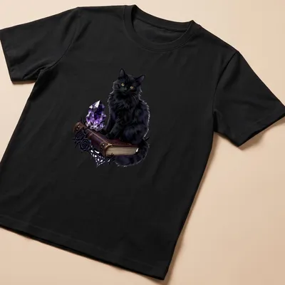 Realistic black cat with amethyst geode and spellbook design