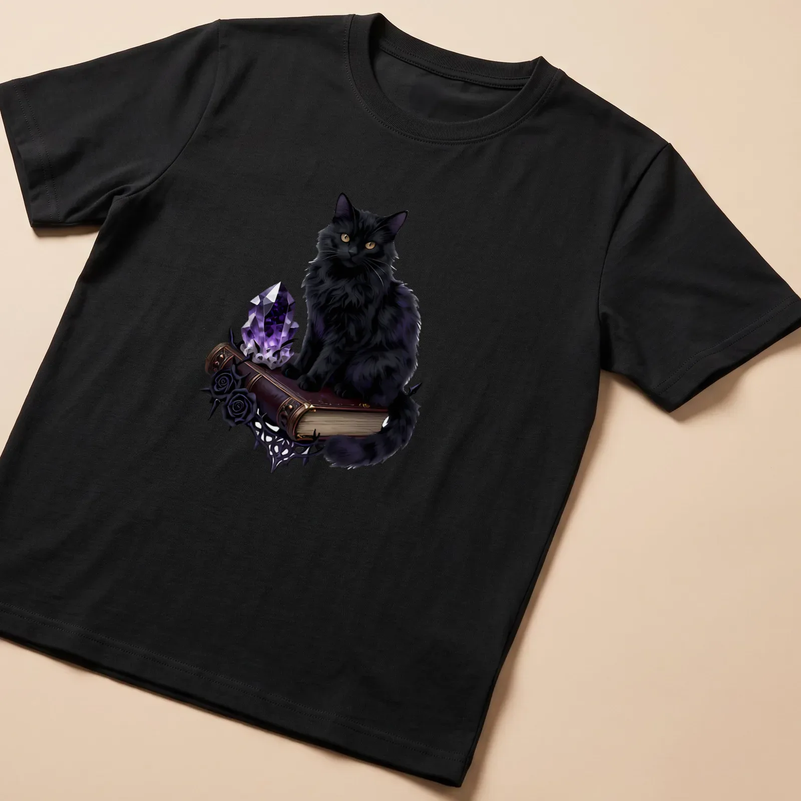 Realistic black cat with amethyst geode and spellbook design — printed on a unisex t-shirt