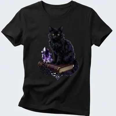 Realistic black cat with amethyst geode and spellbook design — printed on a women's shirt
