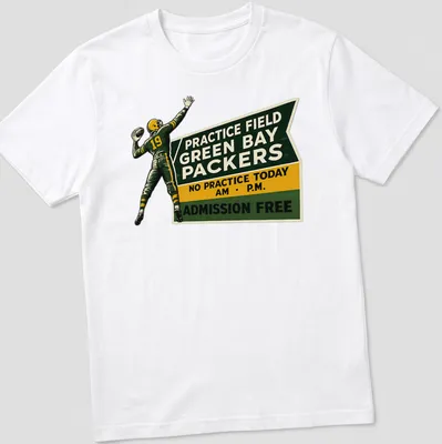 Vintage-style Green Bay Packers tee featuring a football player and humorous text
