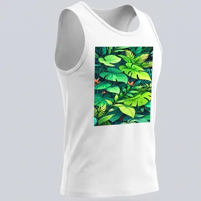 Vibrant illustration of tropical foliage in greens, yellows, and oranges. — printed on a tank top
