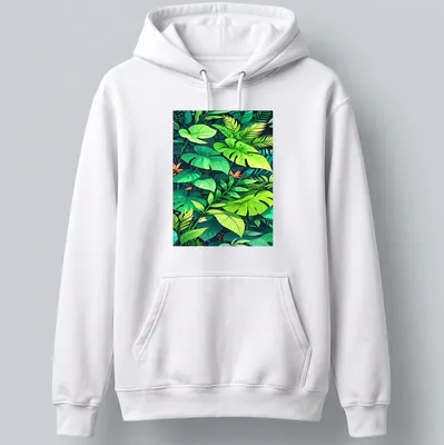 Vibrant illustration of tropical foliage in greens, yellows, and oranges. — printed on a unisex hoodie