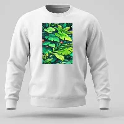 Vibrant illustration of tropical foliage in greens, yellows, and oranges. — printed on a unisex sweatshirt
