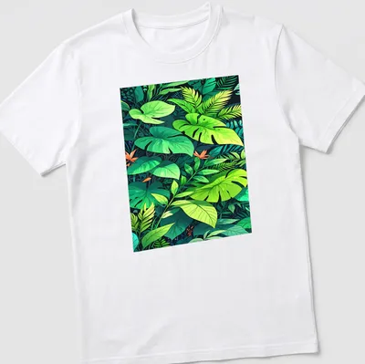 Vibrant illustration of tropical foliage in greens, yellows, and oranges.