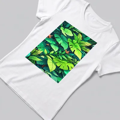 Vibrant illustration of tropical foliage in greens, yellows, and oranges. — printed on a women's shirt
