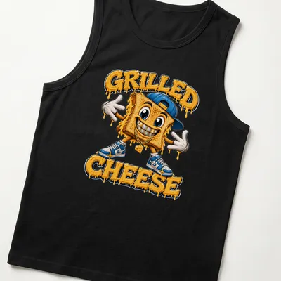 Colorful cartoon grilled cheese character with bold text above — printed on a tank top