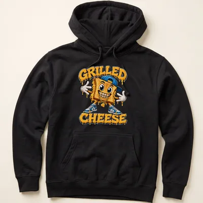 Colorful cartoon grilled cheese character with bold text above — printed on a unisex hoodie