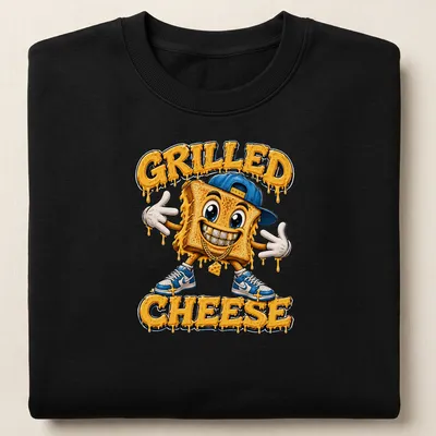 Colorful cartoon grilled cheese character with bold text above — printed on a unisex sweatshirt