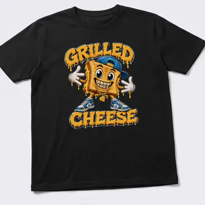 Colorful cartoon grilled cheese character with bold text above