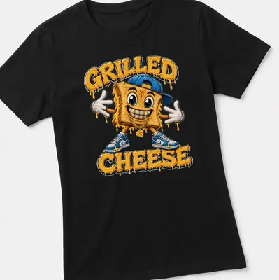 Colorful cartoon grilled cheese character with bold text above — printed on a women's shirt