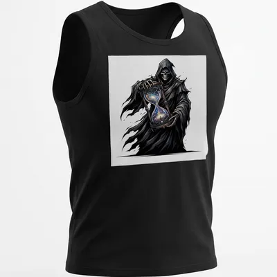 Grim Reaper illustration holding a cosmic hourglass in black, blue, purple, and white — printed on a tank top