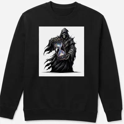 Grim Reaper illustration holding a cosmic hourglass in black, blue, purple, and white — printed on a unisex sweatshirt