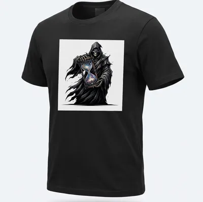 Grim Reaper illustration holding a cosmic hourglass in black, blue, purple, and white — printed on a unisex t-shirt