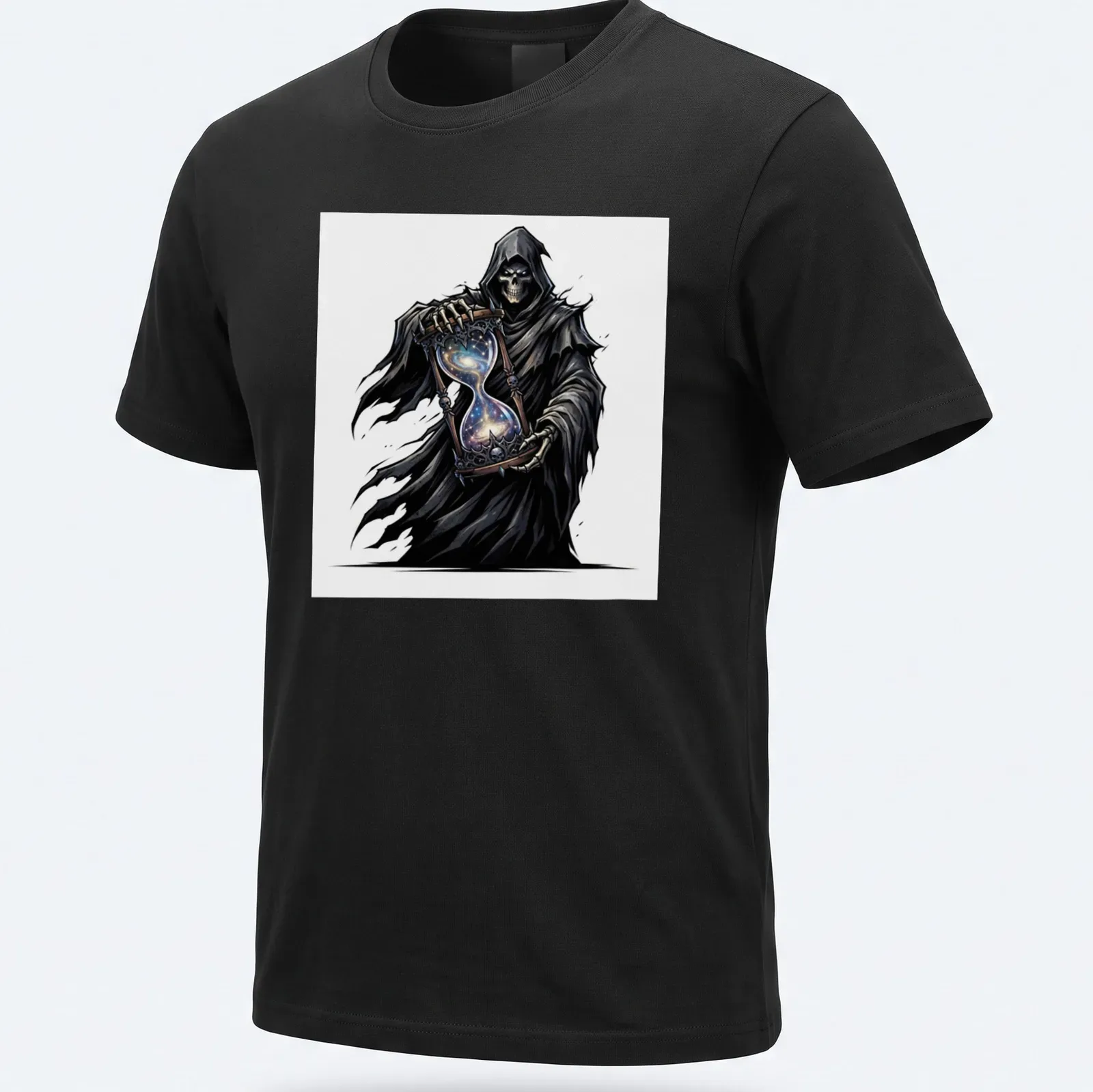 Grim Reaper illustration holding a cosmic hourglass in black, blue, purple, and white — printed on a unisex t-shirt