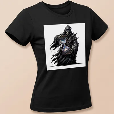 Grim Reaper illustration holding a cosmic hourglass in black, blue, purple, and white — printed on a women's shirt
