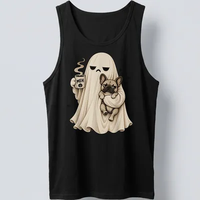 Cartoon of a grumpy ghost holding coffee with a brown French Bulldog. — printed on a tank top