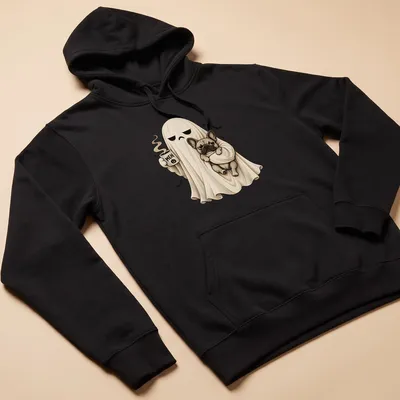 Cartoon of a grumpy ghost holding coffee with a brown French Bulldog. — printed on a unisex hoodie