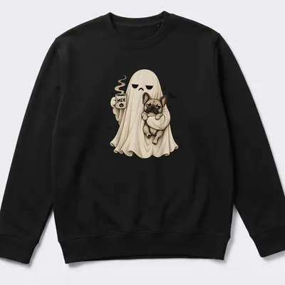 Cartoon of a grumpy ghost holding coffee with a brown French Bulldog. — printed on a unisex sweatshirt
