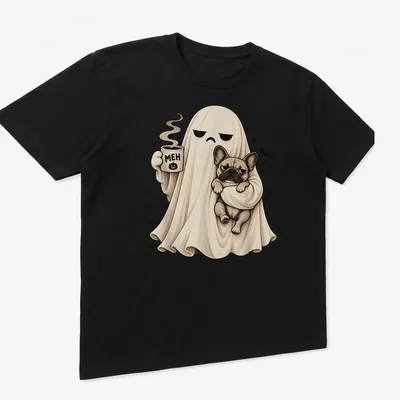 Cartoon of a grumpy ghost holding coffee with a brown French Bulldog. — printed on a unisex t-shirt (angled view)