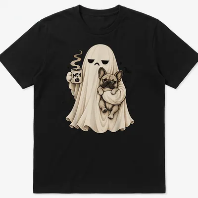 Cartoon of a grumpy ghost holding coffee with a brown French Bulldog.