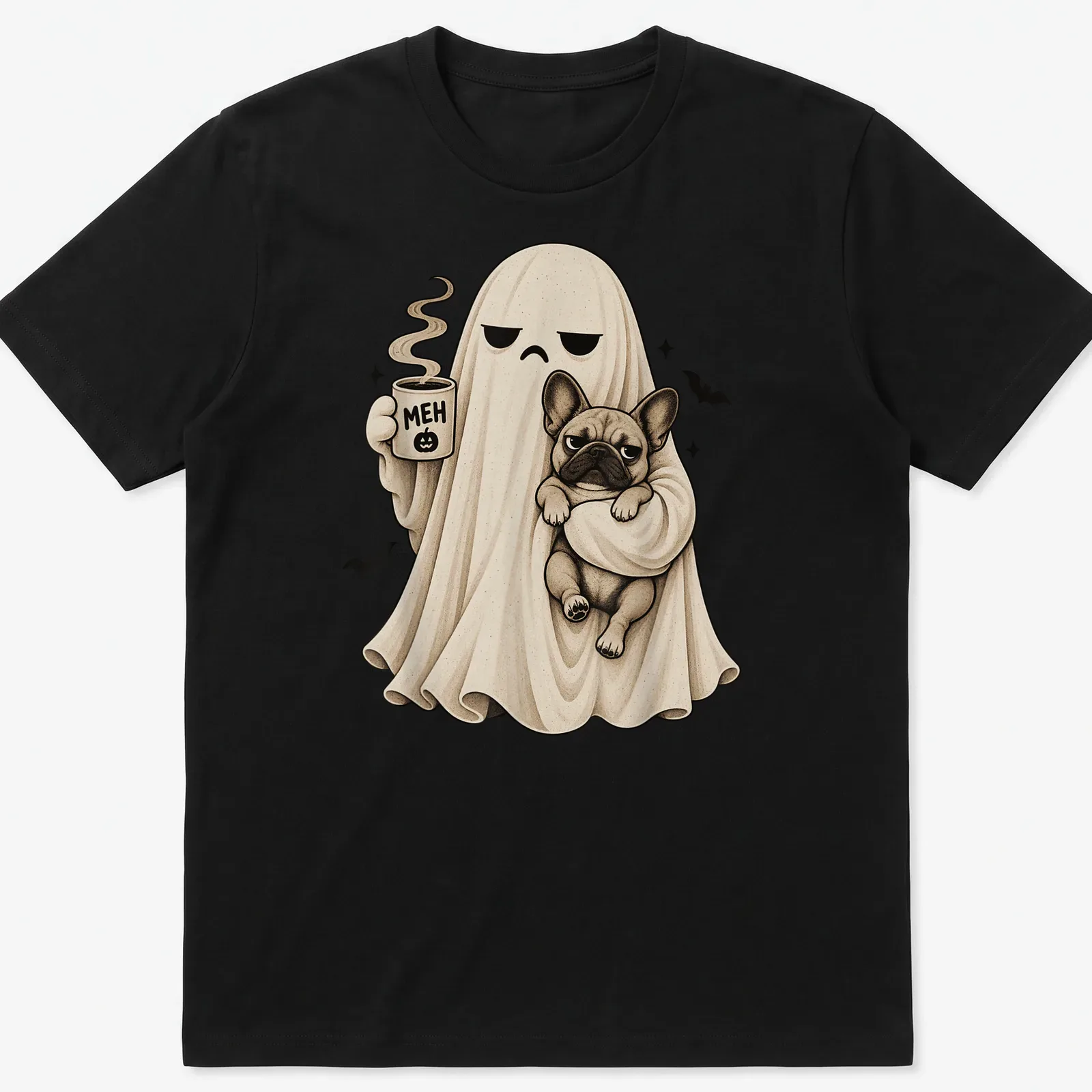 Cartoon of a grumpy ghost holding coffee with a brown French Bulldog. — printed on a unisex t-shirt