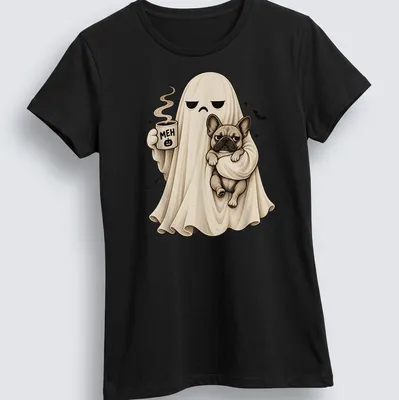 Cartoon of a grumpy ghost holding coffee with a brown French Bulldog. — printed on a women's shirt