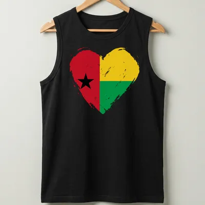 Distressed print of the Guinea Bissau flag in a heart shape with red, yellow, green, and black colors — printed on a tank top