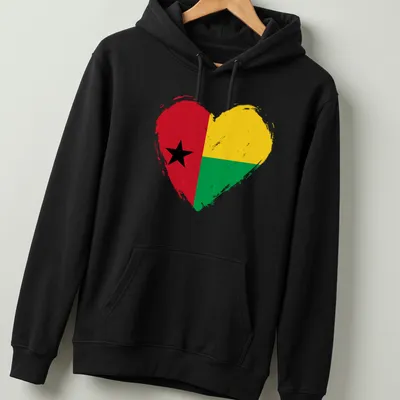Distressed print of the Guinea Bissau flag in a heart shape with red, yellow, green, and black colors — printed on a unisex hoodie