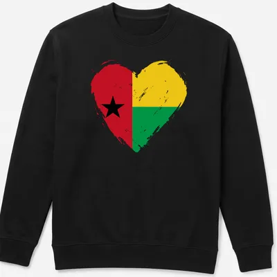 Distressed print of the Guinea Bissau flag in a heart shape with red, yellow, green, and black colors — printed on a unisex sweatshirt