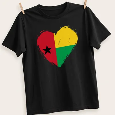 Distressed print of the Guinea Bissau flag in a heart shape with red, yellow, green, and black colors