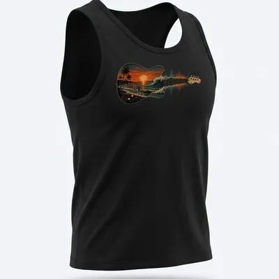 Vintage illustration of a guitar against an ocean sunset with waves — printed on a tank top