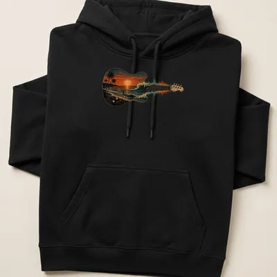 Vintage illustration of a guitar against an ocean sunset with waves — printed on a unisex hoodie