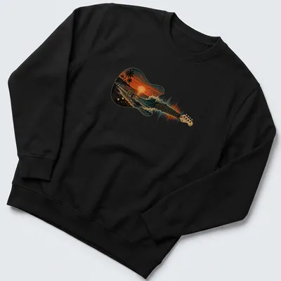Vintage illustration of a guitar against an ocean sunset with waves — printed on a unisex sweatshirt